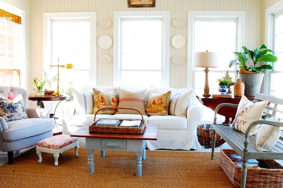 Sam Moore Furniture for a Shabby Chic Style Family Room with a Painted Bench and My Houzz: French Country Meets Southern Farmhouse Style in Georgia by Corynne Pless