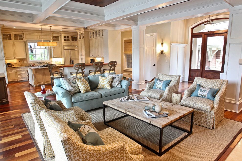 Sarreid for a Beach Style Living Room with a Columns and Kiawah Family Home by Margaret Donaldson Interiors