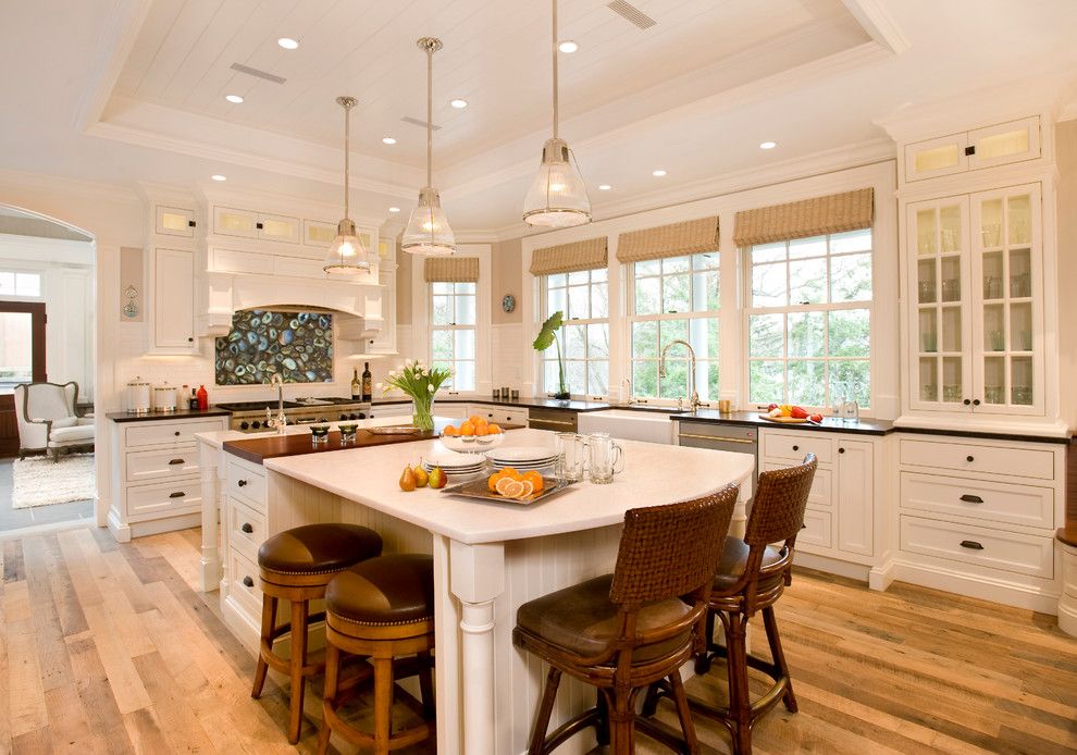 Satco Lighting For A Beach Style Kitchen With A Tray Ceiling And