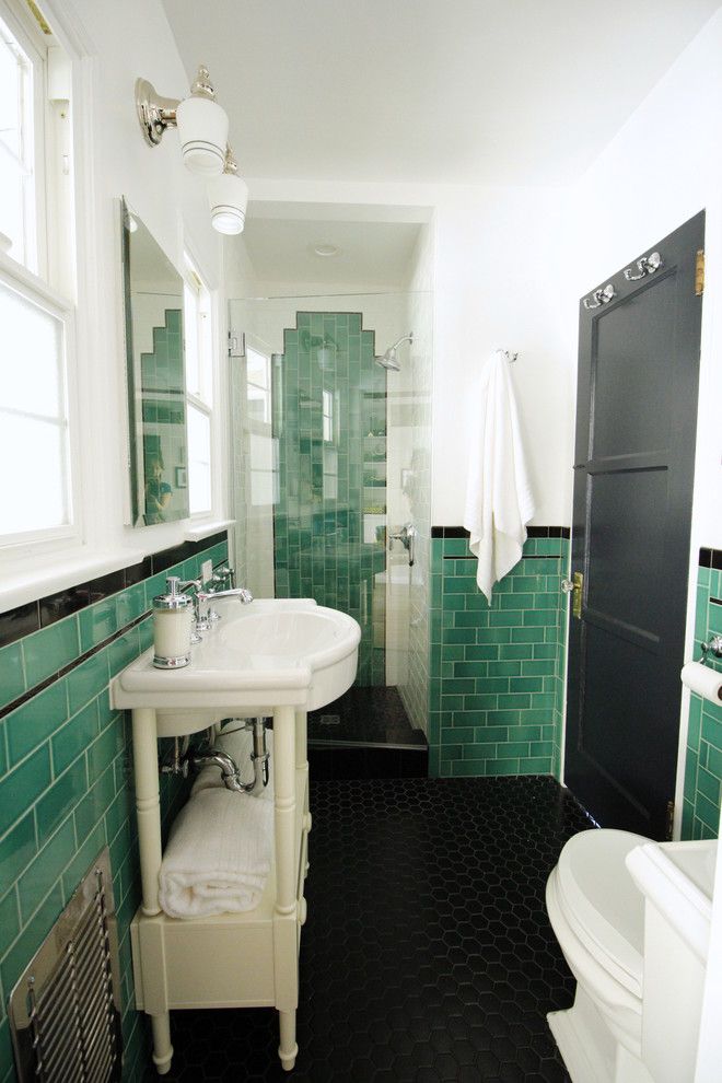 School House Electric for a Traditional Bathroom with a Frameless Medicine Cabinet and Pasadena Green Guest Bathroom by the Taylored Home