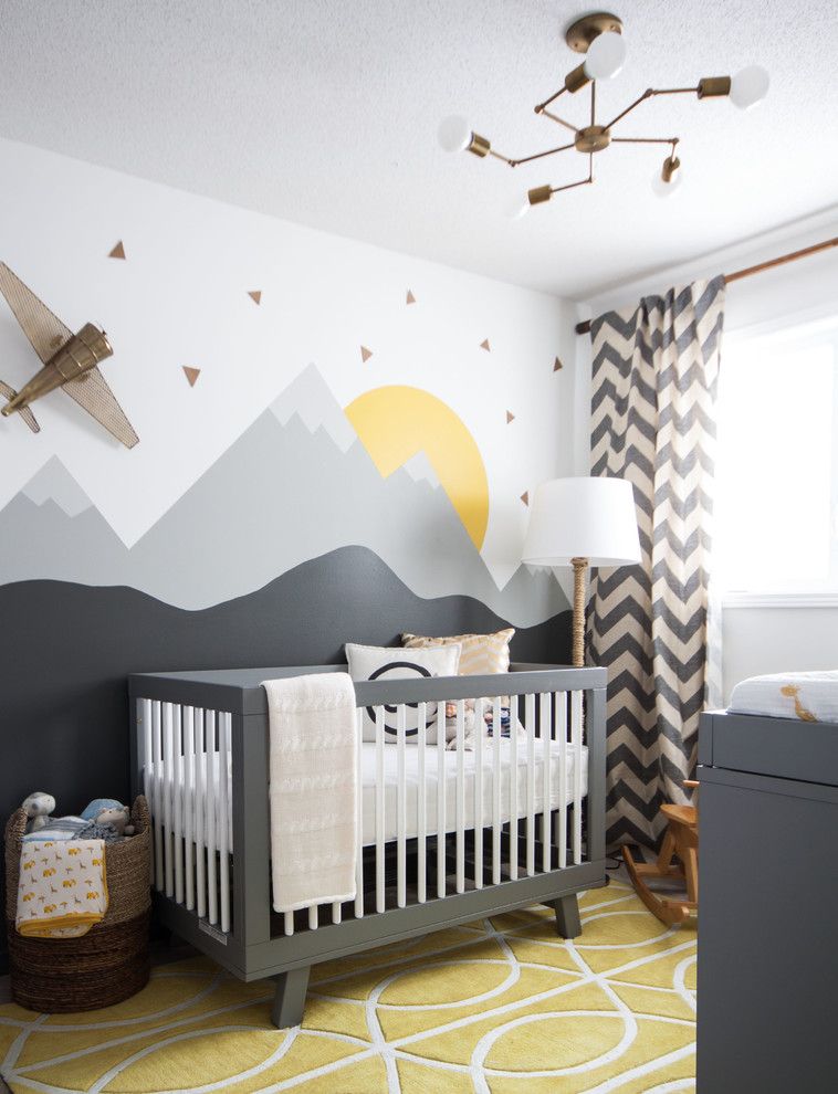 School House Electric for a Transitional Nursery with a Mountain Mural and Modern Nursery by Leclair Decor