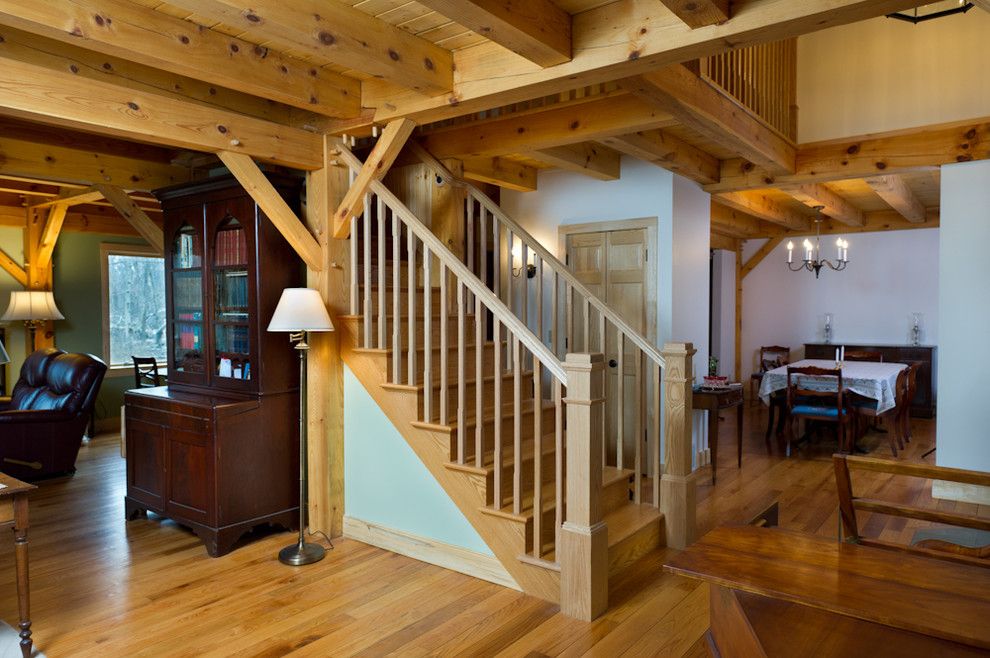 Schroder House for a Rustic Staircase with a Exposed Rafters and Timber Frame Custom Home Scotia,, New York by Bellamy Construction