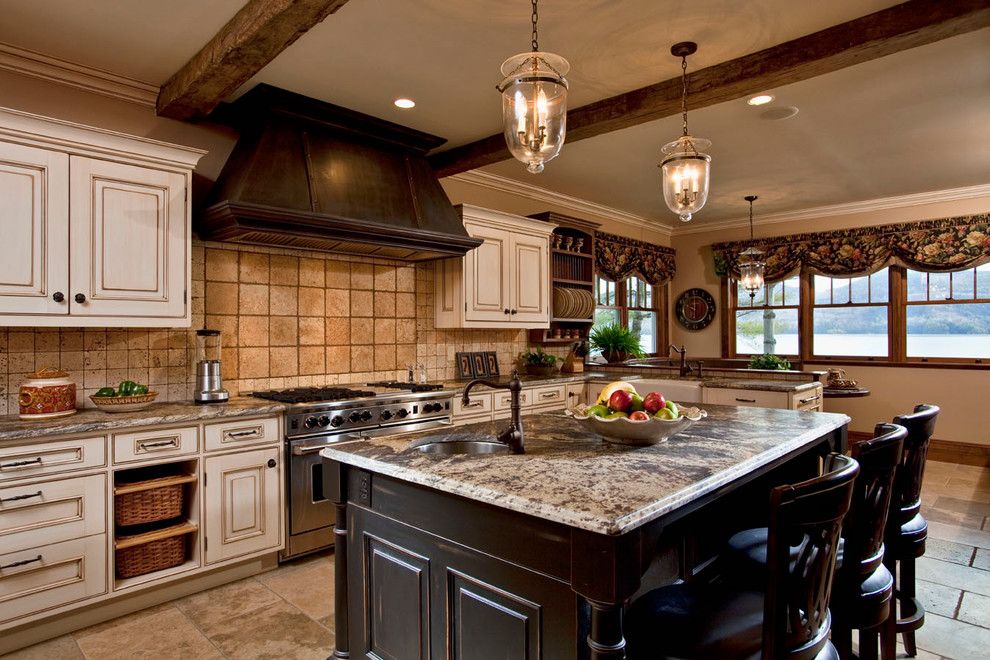 Schuler Cabinetry for a Contemporary Kitchen with a Exposed Beams and Private Residence on Lake George by Phinney Design Group