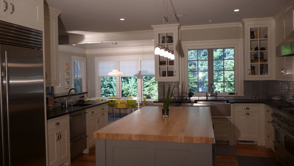 Sewell Appliance for a Transitional Kitchen with a Silver Tile Backsplash and Sewell St. 2 Newton by Sb Architects Inc.