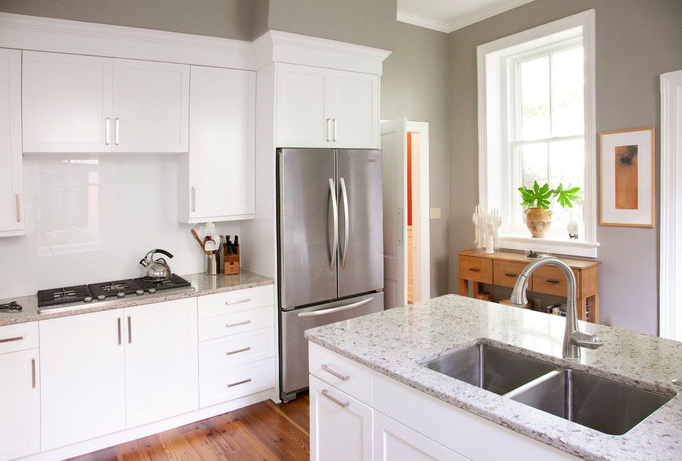 Sherwin Williams Amazing Gray for a Traditional Kitchen with a Glass Backsplash and Charleston Charmer by Gaylord Design Llc