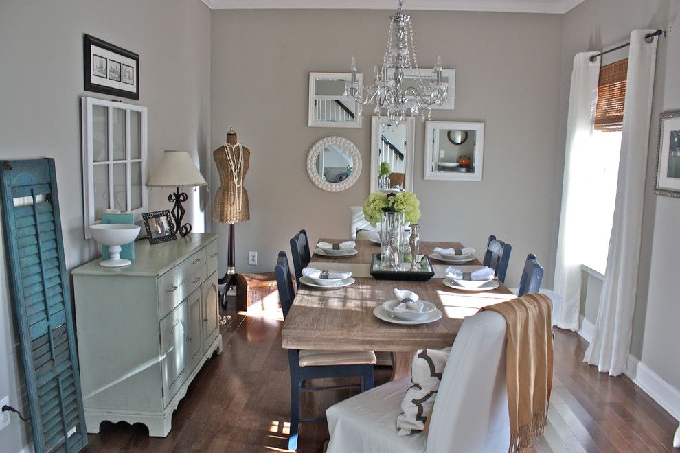 Sherwin Williams Anew Gray for a Shabby Chic Style Dining Room with a Mirror Collage and Cottage Chic by Ally Whalen Design