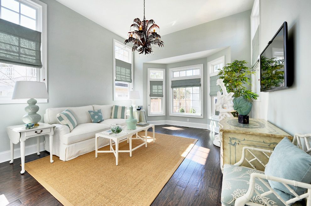 Sherwin Williams Sea Salt for a Beach Style Family Room with a Light Blue Walls and Silver Lake   Sunroom by Echelon Custom Homes