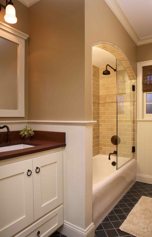 Shower Doors and Enclosures for a Traditional Bathroom with a Oil Rubbed Bronze and Menlo Park Bathroom by Holly Durocher Design