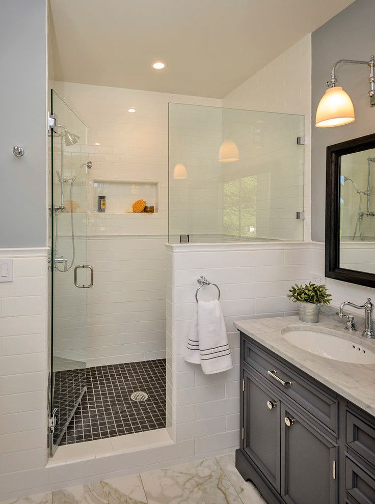 Shower Doors and Enclosures for a Traditional Bathroom with a Timeless and Bow to the Trees in Menlo Park Makeover by Hamilton Gray Design, Inc.