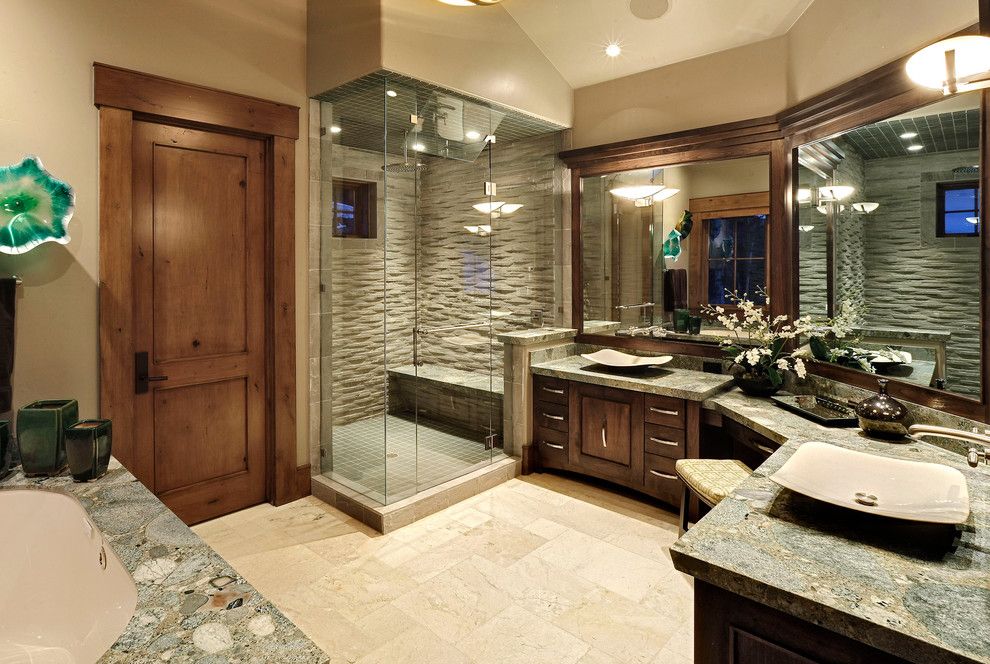 Shower Doors and Enclosures for a Traditional Bathroom with a Vessel Sink and Master Bathroom by Jaffa Group Design Build