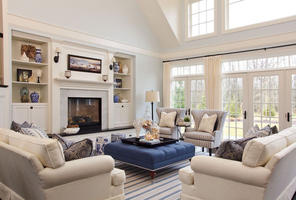 Sierra Pacific Windows for a Beach Style Living Room with a Striped Rug and Camelia Court by Garrison Hullinger Interior Design Inc.