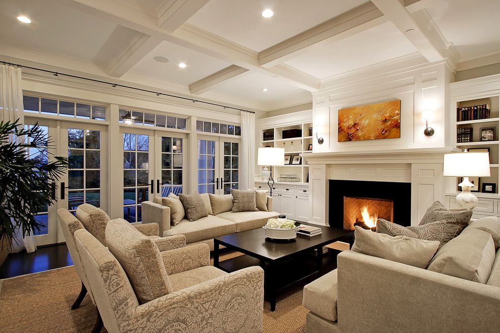 Sierra Pacific Windows for a Traditional Living Room with a Coffered Ceiling and Living Room by Paul Moon Design