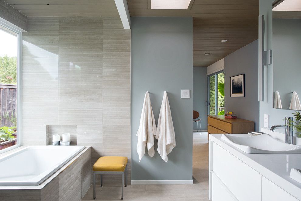 Silestone for a Contemporary Bathroom with a Double Sinks and Norcal Eichler Renovation by Gast Architects