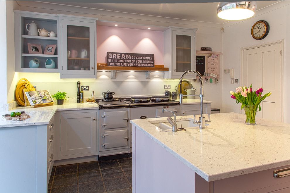 Silestone for a Farmhouse Kitchen with a Aga Over Mantel and Handpainted in Frame Shaker Kitchen with Aga by Planet Furniture