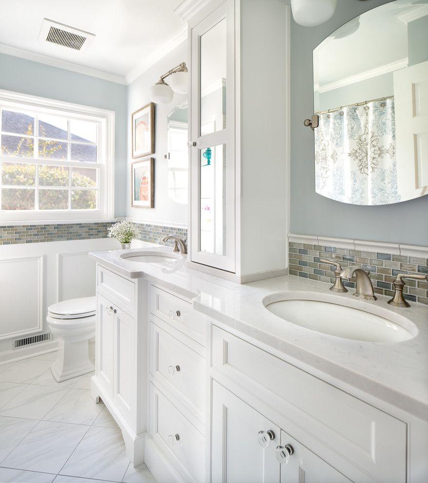 Silestone Lagoon for a Transitional Bathroom with a Vanity Tower and Lansdowne Road Hall Bath by Case Design/remodeling