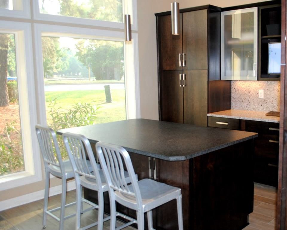 Silver Pearl Granite for a  Kitchen with a  and Maple Rohe Espresso Cabinets, Silver Pearl Granite, Silestone Quartz Backsplash by Hatchett Design/remodel