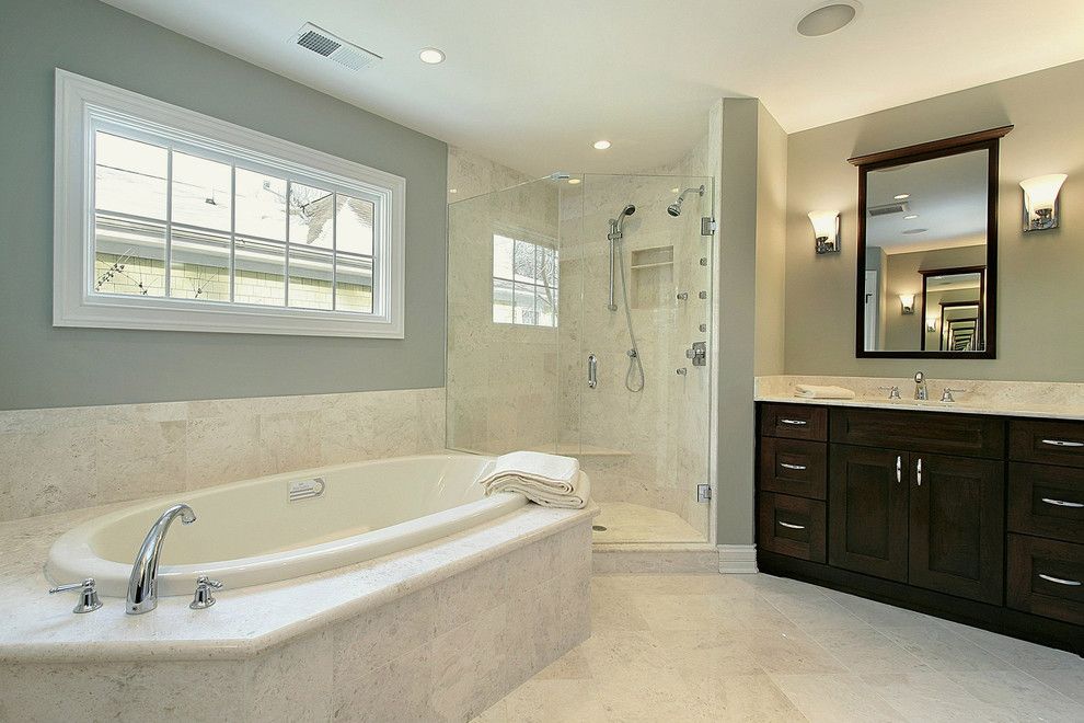 Silver Sage Paint for a  Bathroom with a Porcelain and  Bathroom by Mandybrownarchitects.com