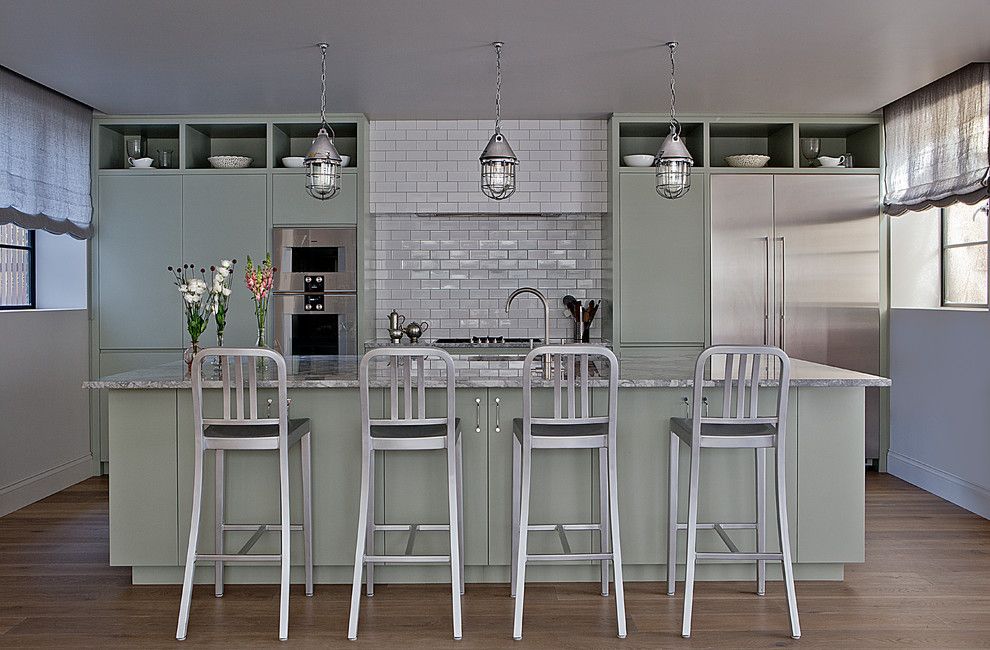 Silver Sage Paint for a Contemporary Kitchen with a Pendant Lights and Wimbledon by Godrich Interiors