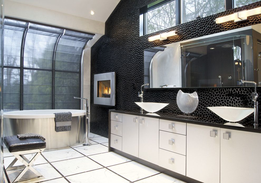 Simons Hardware for a Modern Bathroom with a Black Leather Stool and Joseph Parisi Interiors by Parisi Interiors, Llc