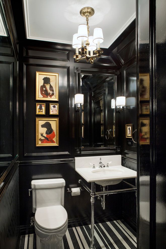 Simons Hardware for a Traditional Powder Room with a Black Glossy Paint and Tribeca Town House by Ofer Wolberger, Ltd.