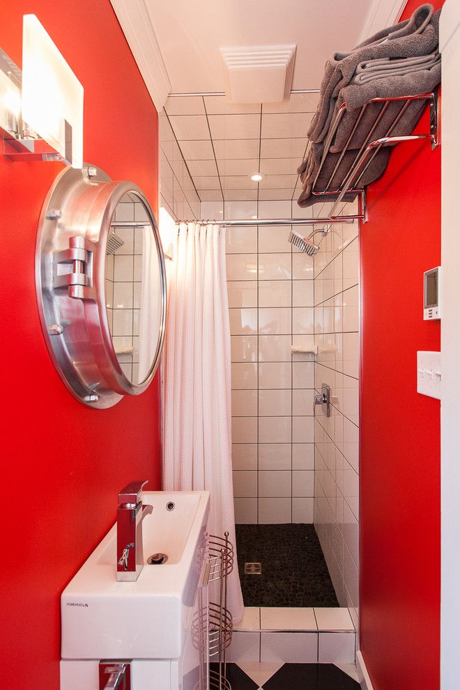 Small Bathroom Makeovers for a Beach Style Bathroom with a Red Wall and Small Space Living in Outport Community, Port Rexton by Becki Peckham