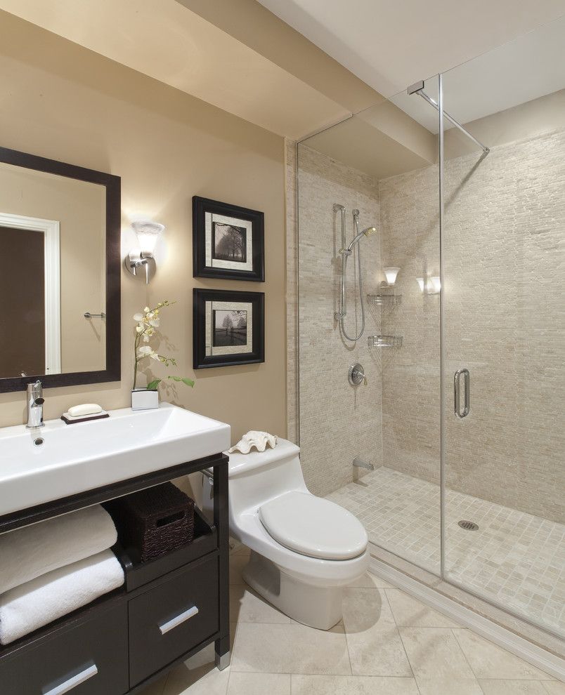 Small Bathroom Makeovers for a Contemporary Bathroom with a Dark Mirror Frame and Port Credit Townhome by Avalon Interiors