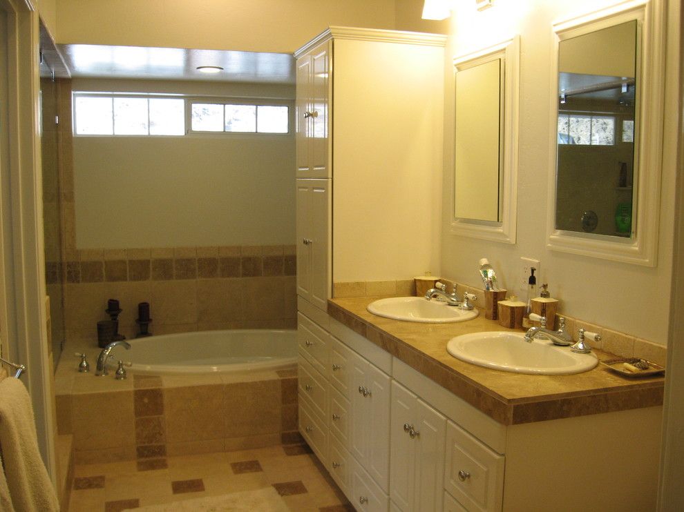 Small Master Bathroom Ideas for a Transitional Bathroom with a Oval Master Bathroom Tub and Small Master Bathroom Renovation by Ideal Design Systems, Inc.