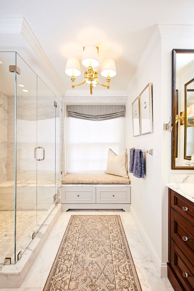 Small Master Bathroom Ideas for a Transitional Bathroom with a Rainfall Tile and Charlestown Condo Bathroom by Lee Kimball