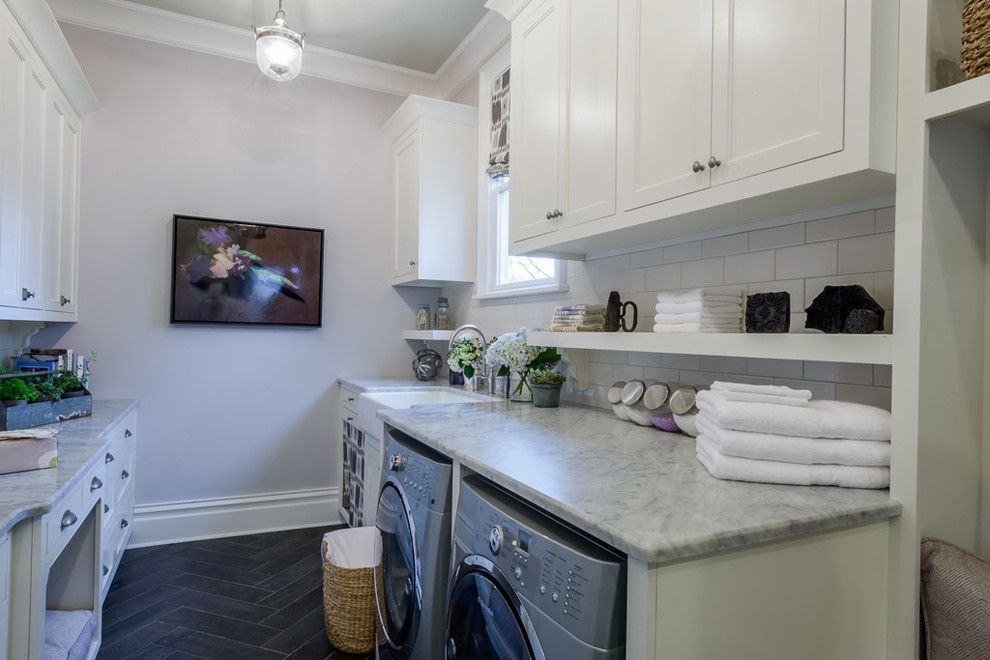 Smokey Mountain Tops for a Transitional Laundry Room with a White Cabinet and Traditional Home O'more Showhouse 2014 by Smokey Mountain Tops