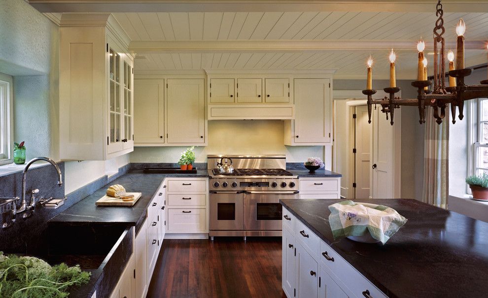 Soap Stone for a Farmhouse Kitchen with a Off White Kitchen Cabinets and Early American Colonial Home by Donald Lococo Architects