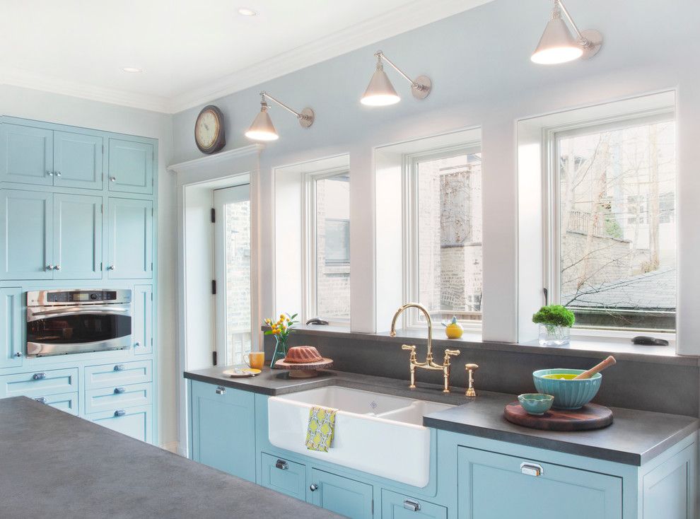 Stained Concrete Countertops for a Traditional Kitchen with a Light Blue Wall and Eclectic Chic by Randall Architects