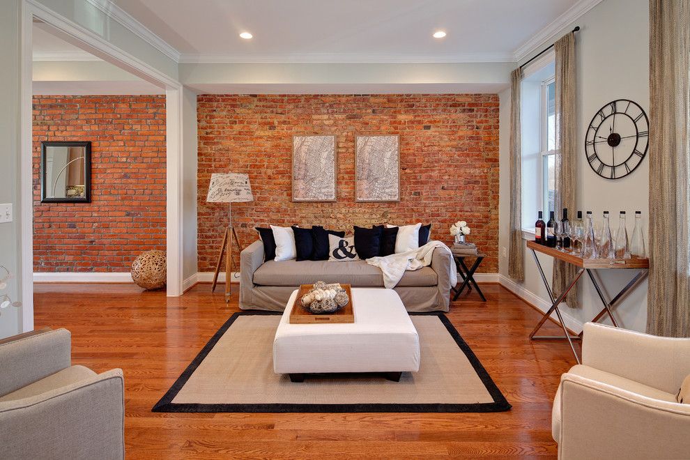 Staining Brick for a Eclectic Living Room with a Wood Floor and Photography by Struxture Photography