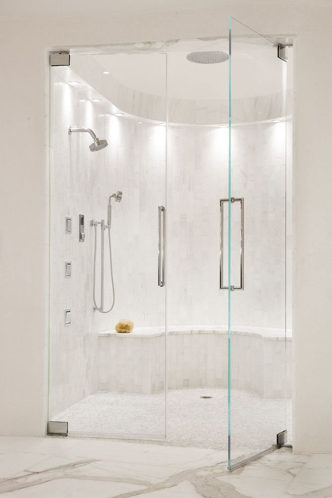 Starphire Glass for a Transitional Bathroom with a Custom Shower and Country Club Residence by Habachy Designs