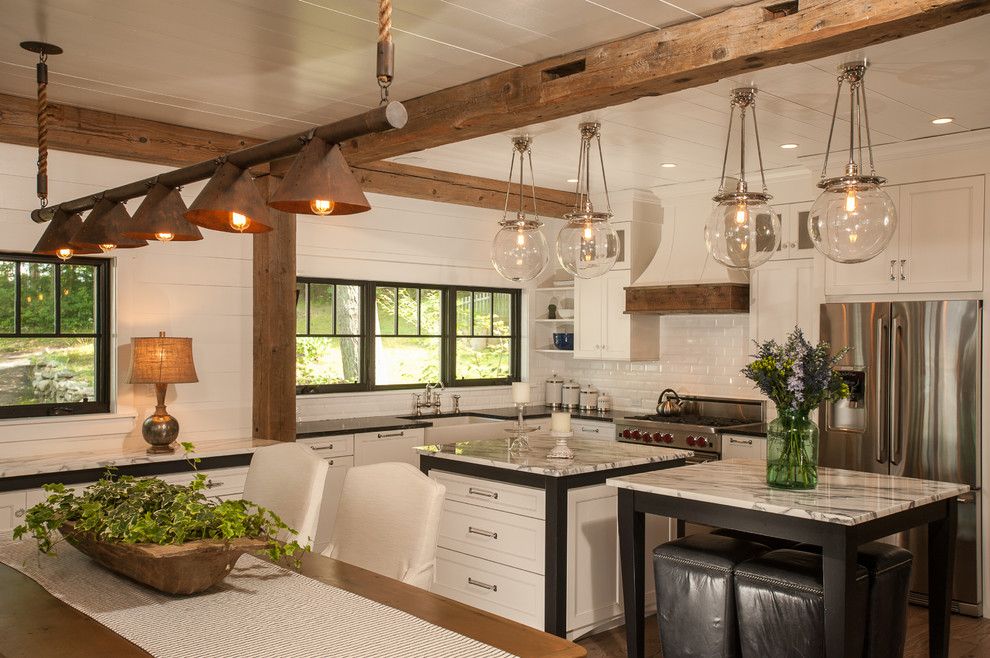 Statuary Marble for a Rustic Kitchen with a Rustic Light Fixture and Lake George Retreat by Phinney Design Group