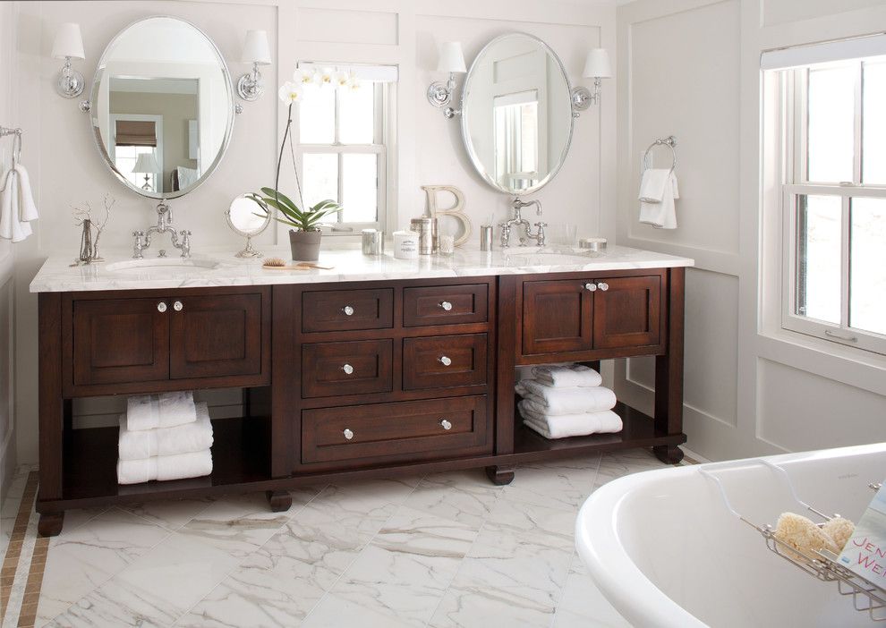 Statuary Marble for a Traditional Bathroom with a Gray Panel Wall and Traditional Bathroom  Bath Vanity by Chalet