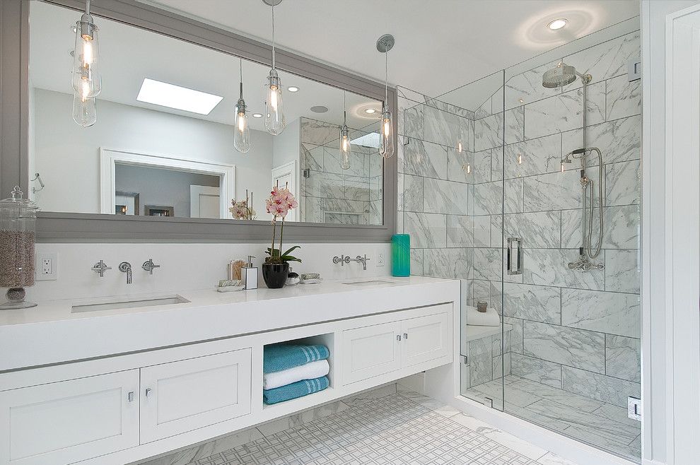 Statuary Marble for a Transitional Bathroom with a Storage Vanity and Douglass by Chr Dauer Architects