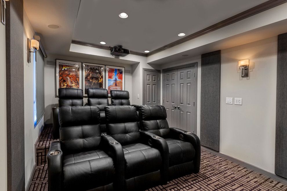 Stony Brook Theater for a Contemporary Basement with a Backsplash Ideas and a Mancave for the Whole Family. Basement Remodel by Tiffany Brooks, Hgtv Host & Interior Designer