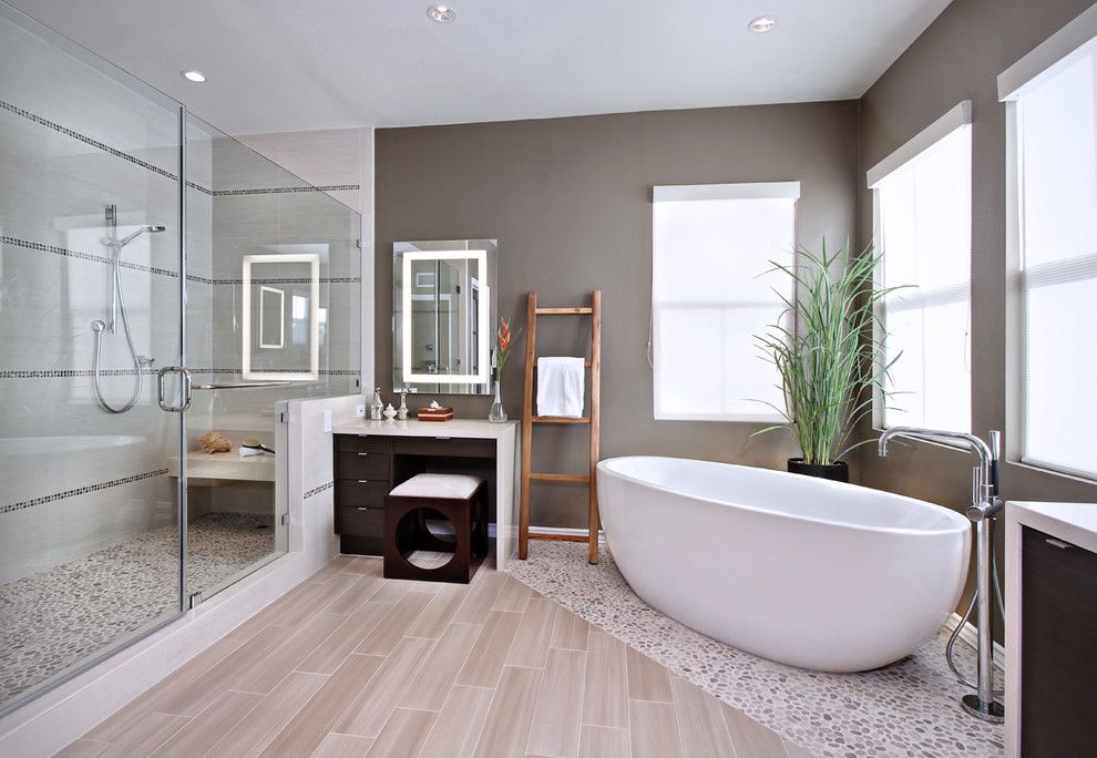 Stowers Furniture for a Contemporary Bathroom with a Lighted Toe Kick and Yorba Linda Residence by International Custom Designs