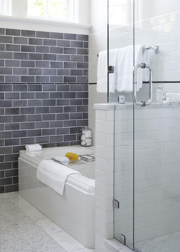 Subway Tile Patterns for a Transitional Bathroom with a Mosaic Tile Floor and Mill Valley, Ca by Urrutia Design