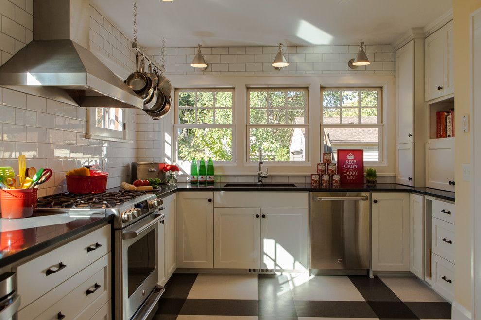 Subway Tile Patterns for a Transitional Kitchen with a White Drawers and Retro Minneapolis Kitchen by Fiddlehead Design Group, Llc