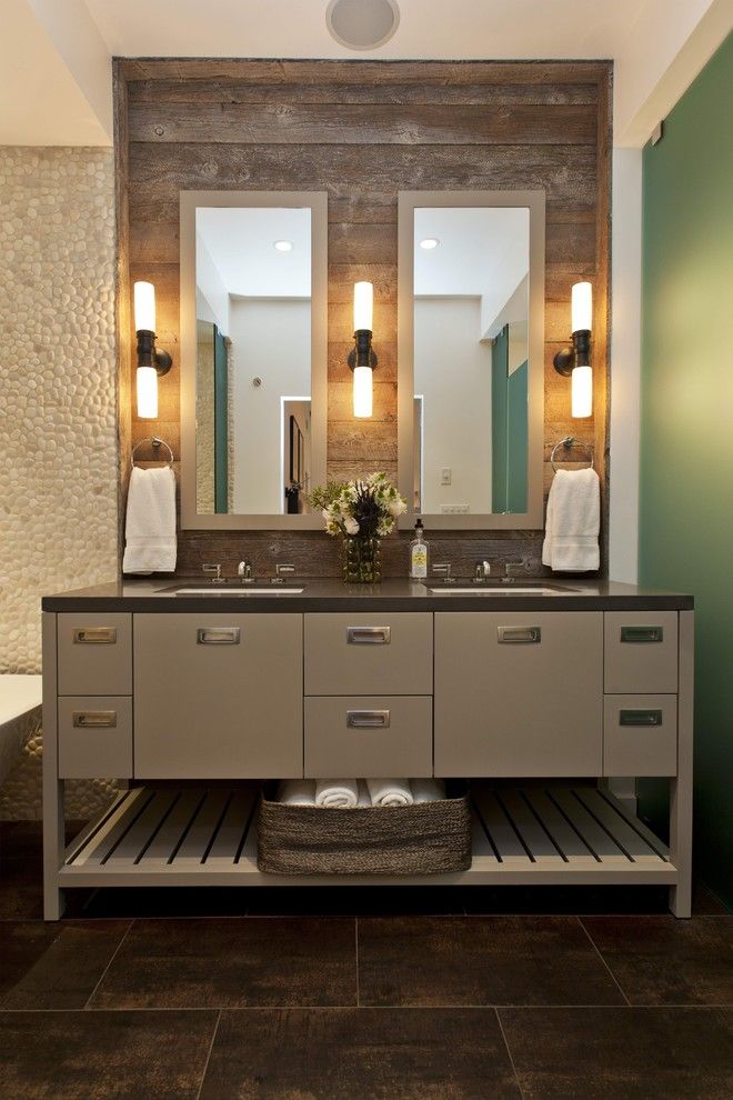 Sugatsune for a Rustic Bathroom with a Towel Storage and Woodside Residence by Fiorella Design