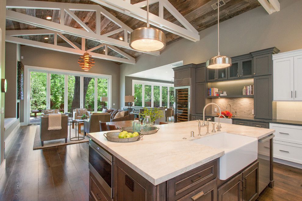 Taj Mahal Granite for a Farmhouse Kitchen with a La Cantina Bi Fold Doors and Alamo, Ca. Farmhouse. Full Service Design Firm. Open Concept Living Room and Kit by Lmk Interiors