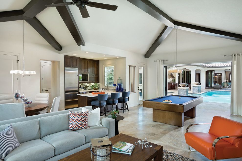 Tampa Bay Pools for a Contemporary Family Room with a Ceiling Beams and Interesting Interior Design Features of Model Homes by Arthur Rutenberg Homes