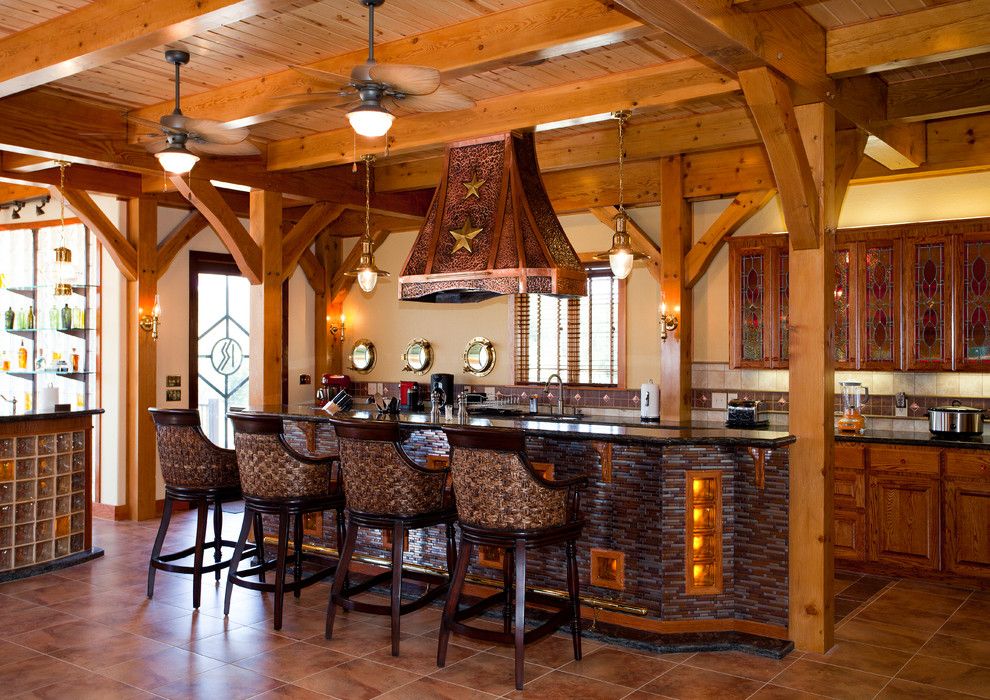 Texas Tool Traders for a Rustic Kitchen with a Glass Cubes and Nautical Themed Timber Frame Home by Texas Timber Frames