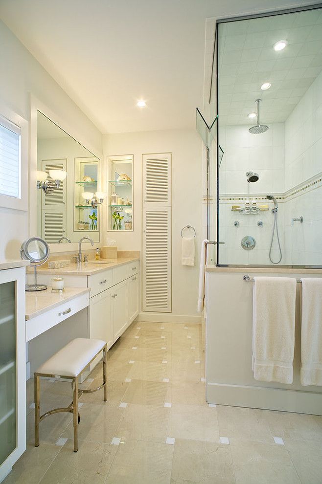 Thermasol for a Beach Style Bathroom with a White Marble and Amagansett Beach Retreat by Kitchens & Baths, Linda Burkhardt