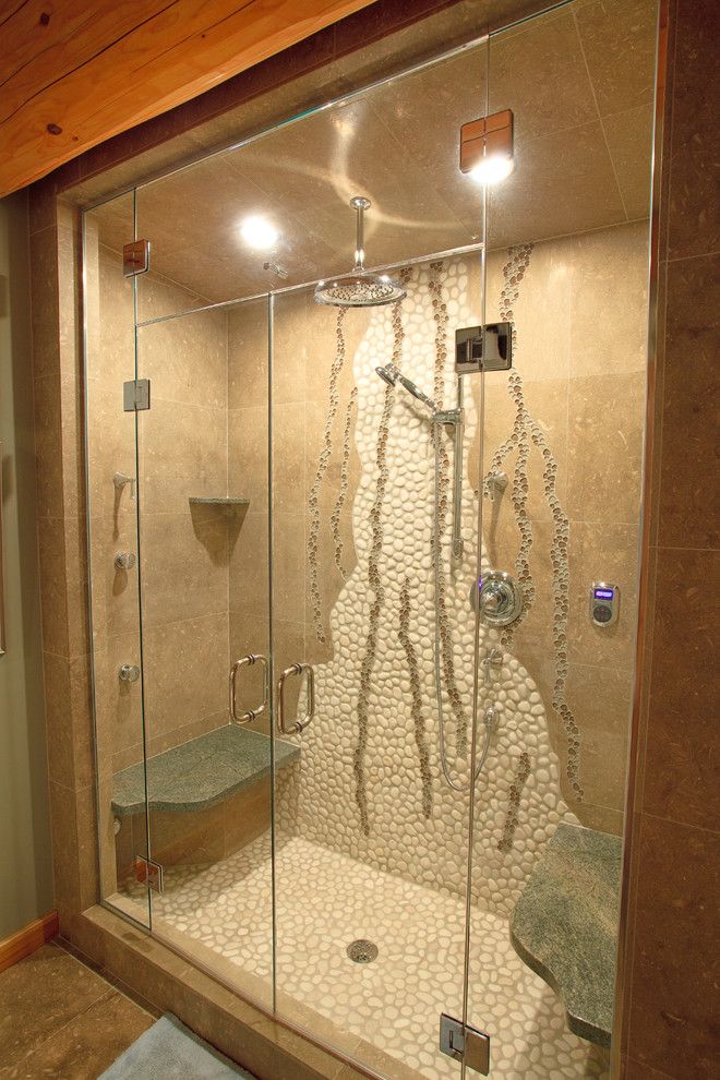 Thermasol for a Eclectic Bathroom with a Shower Bench and Bathrooms in Log Homes by Traditional Log Homes Ltd