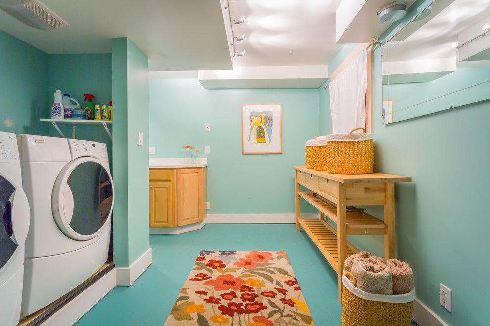 Thrasher Basement for a Beach Style Laundry Room with a Wicker Baskets and West Seattle Waterfront Retreat by Cassie Daughtrey Realogics Sotheby's Realty