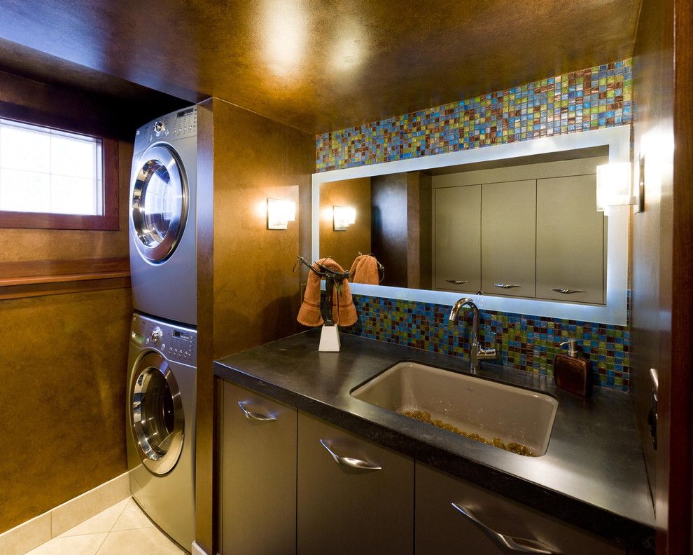 Thrasher Basement for a Contemporary Laundry Room with a Glass Tile and Jones Design Build by Jones Design Build