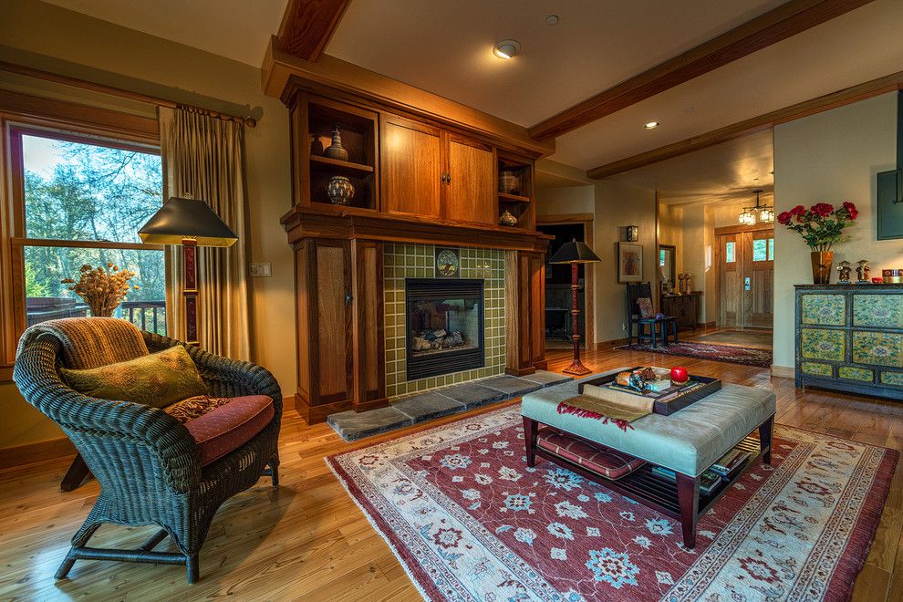 Tiled Fireplaces for a Craftsman Living Room with a Ottoman Tray and Rookwood Tile Fireplace by Wren & Willow, Inc.