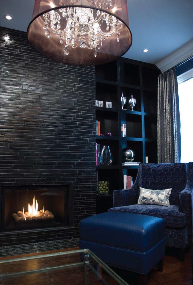 Tiled Fireplaces for a Eclectic Living Room with a Black Tile Fireplace and Black & Navy Elegance by Lucid Interior Design Inc.